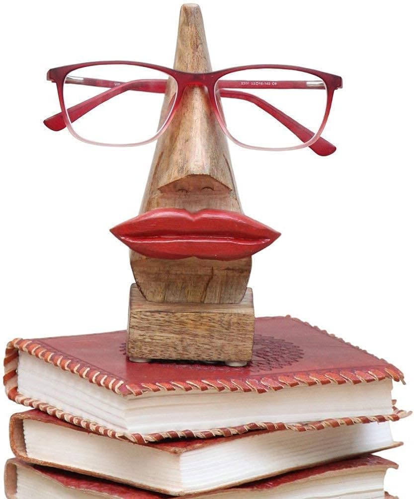 Aakrati Wooden Eyeglasses Holder - 6 Inches High, Nose-Shaped Spectacles / Glasses / Sunglasses Holder with Base (Lips)