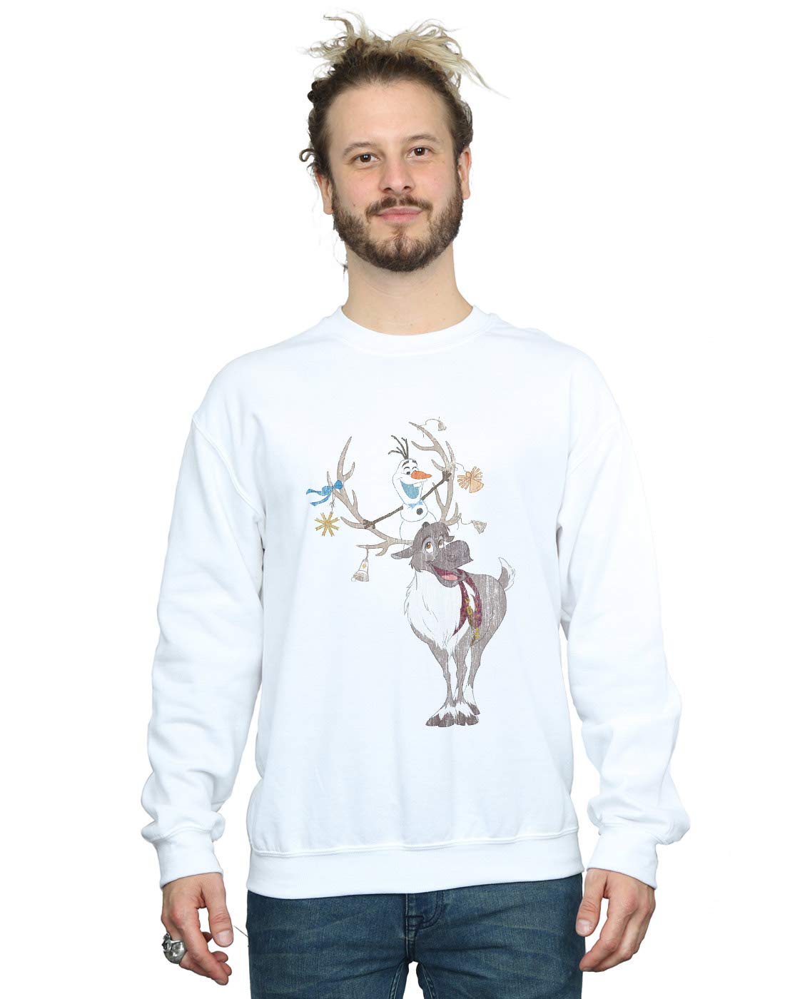 Absolute Cult Men's White Disney Frozen Sven And Olaf Christmas Ornats Sweatshirt Medium