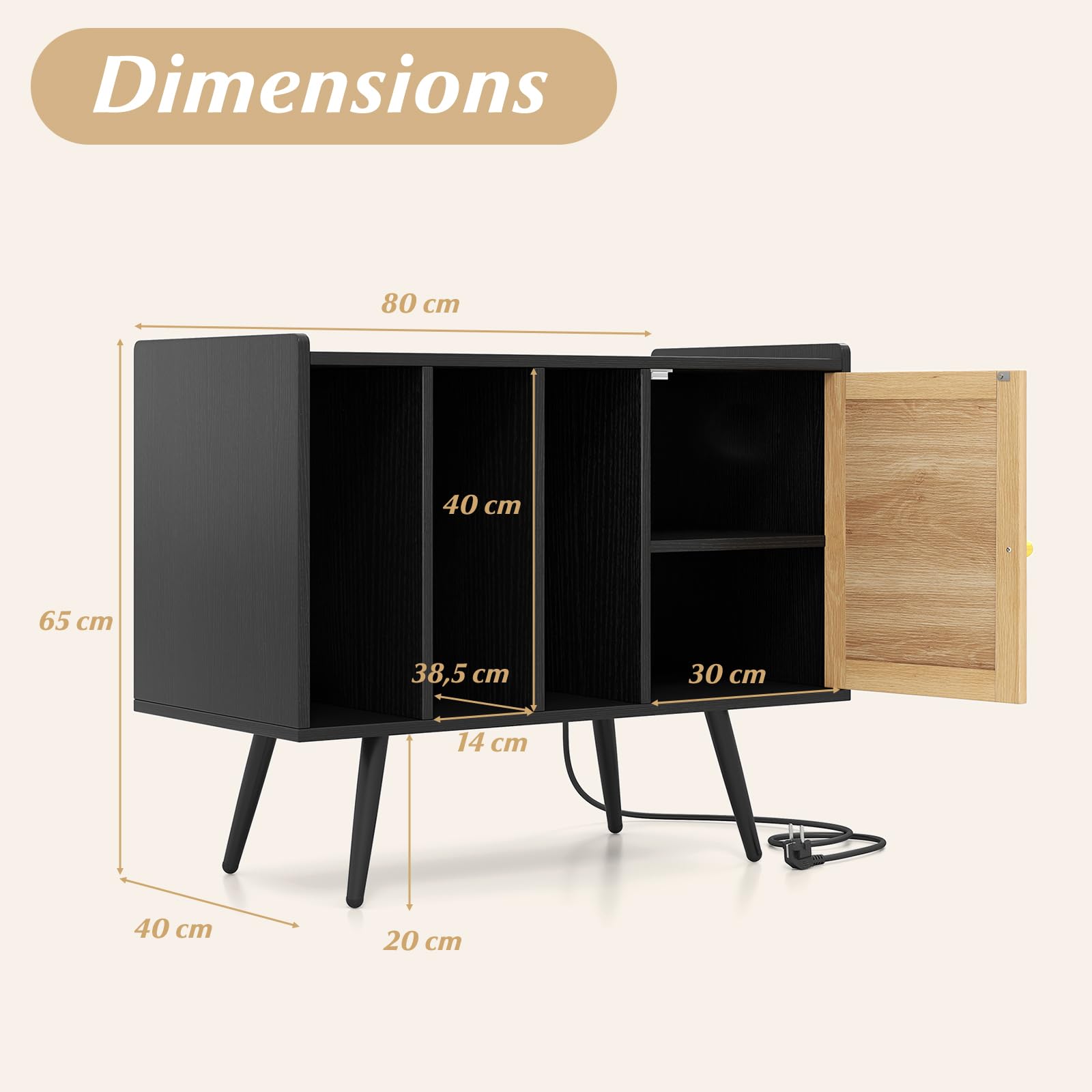 COSTWAY Meuble Vinyle avec Prise, Rangement Vinyle pour 220 Albums, Rangement CD/DVD Manga, Armoire à Porte Cannage,Support pour Tourne-disque, Meuble Hifi pour Salon, Chambre (Noir)