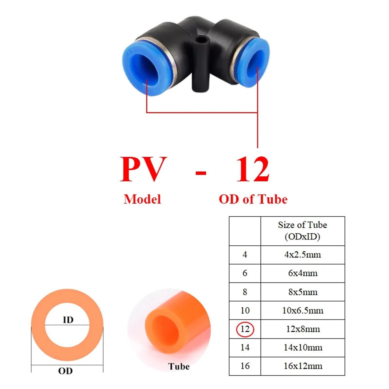 PV 4 mm 6 mm 8 mm 10 mm 12 mm rura wąż rurowy 2-drożny kolanko 90 stopni pneumatyczne plastikowe złączki części złączki 100 szt. (100 szt. PV-16)