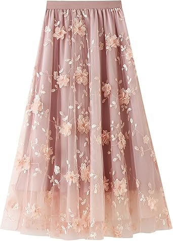 jinghuiyue Womens Midi Tulle Skirts Floral Embroidery Layered Print Fairy Skirts Elastic Waist A-Line Mesh Skirt