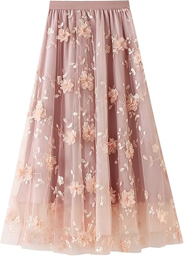 jinghuiyue Women's Midi Tulle Skirts Floral Embroidery Layered Print Fairy Skirts Elastic Waist A-Line Mesh Skirt