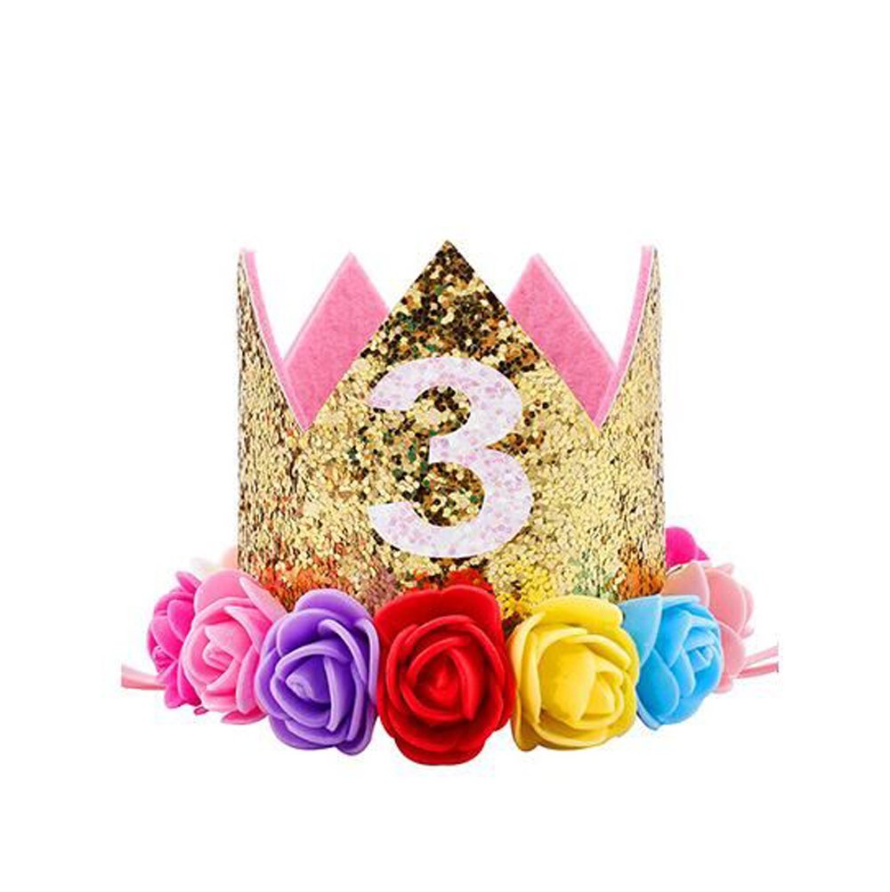 Baby Princess Glitter Gold Crown, 3st Birthday Party Hat Gold with Mix Rainbow Color Flowers