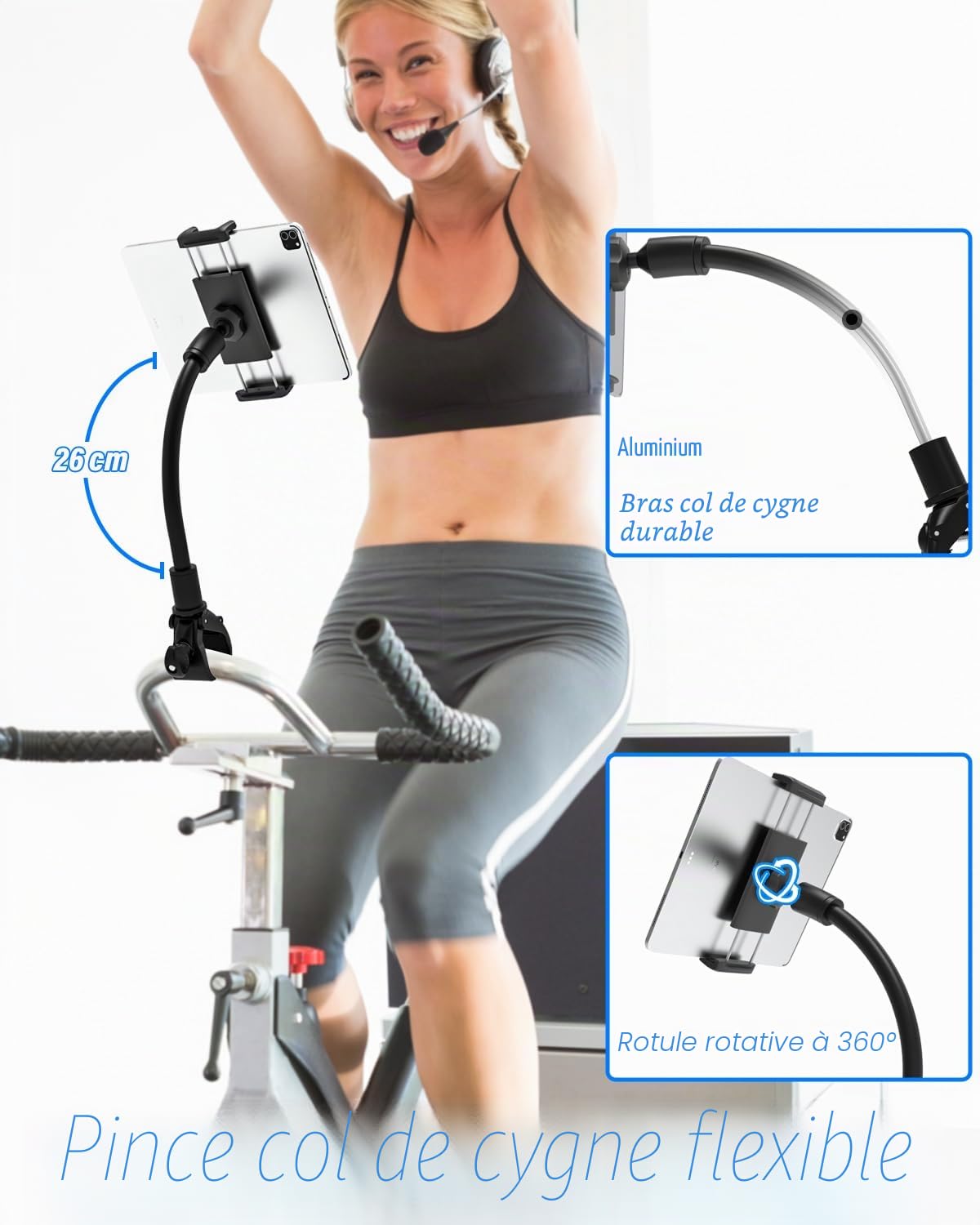 Support de tablette en col de cygne pour vélo d'appartement, tapis de course, multifonction, support de tapis de course intérieur spinning, pour téléphone portable et tablette de 4 à 12,9