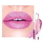 evpct Light Rose Pink Metallic Glitter Lip Liner and Lipstick Combo Lip Gloss Stain Set Makeup for Women Long Lasting Waterproof 24, Pink Metallic Shimmer Frosted Iridescent Shiny Liquid Lipstick 10