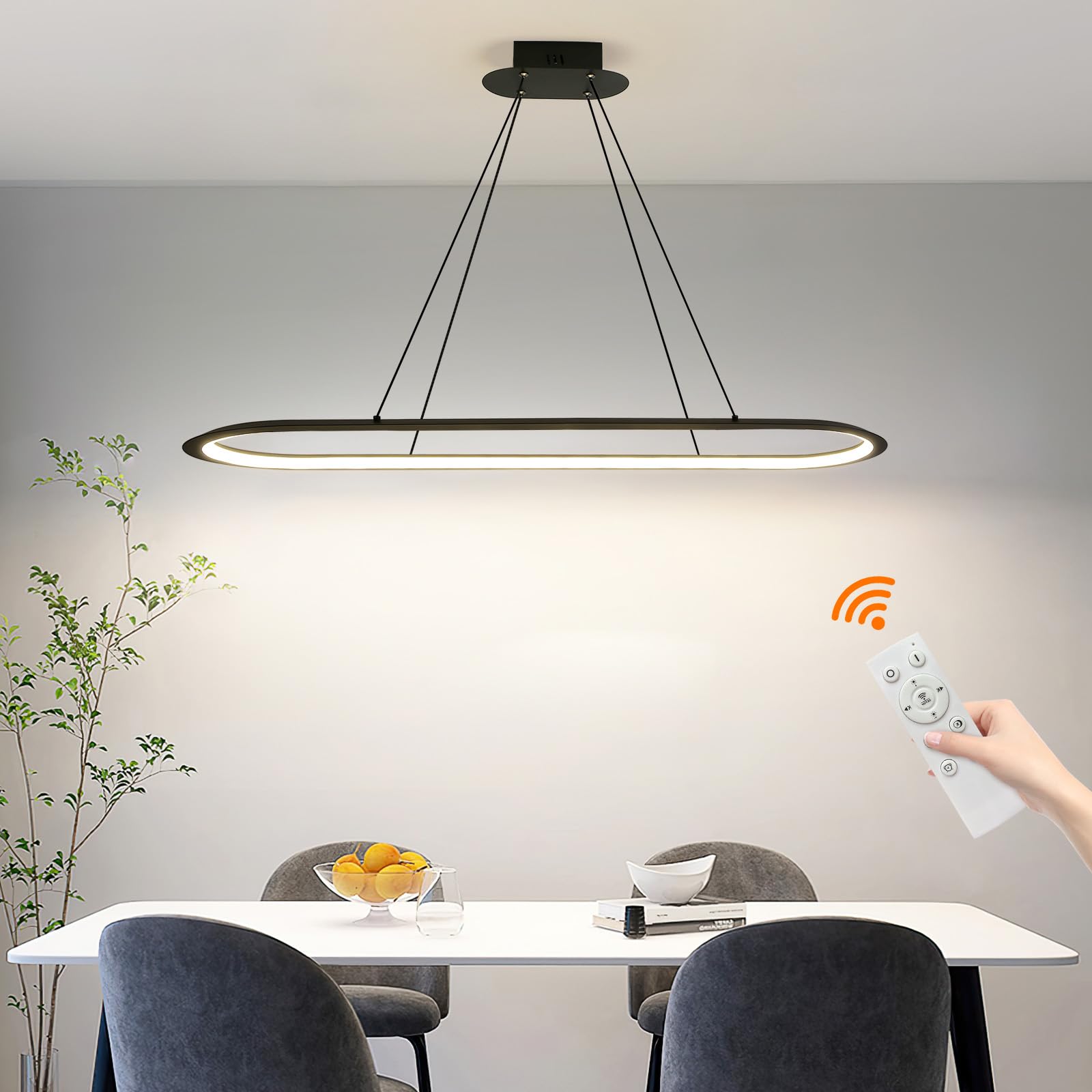 Modern Island Lights, Linear Pendant LED Chandelier with Remote Control, 3000K-6000K Color Temperature for Dining Room Chandelier (Black,100cm) — image 1