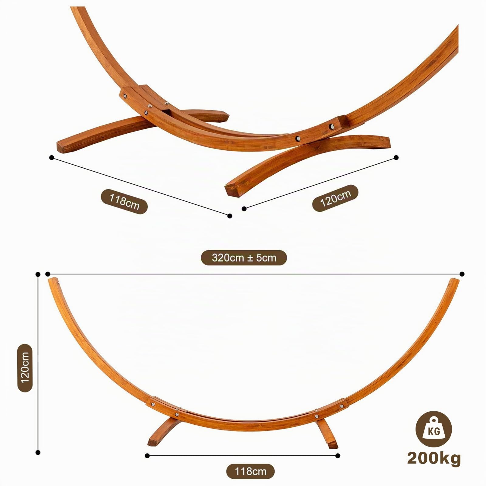 Amaca con Supporto in Legno, Incluye 2 Amache, Portata 200 kg, Medidas 320×120×120 cm, Telaio Arcuato Stabile in Legno, Regolabile in Altezza, per Giardino, Terrazzo e Balcone