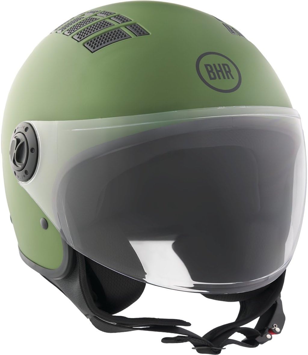 BHR Casco Demi-Jet 834 FLOW - Casco Scooter Estivo Omologato ECE 22.06 con 16 Fori di Aerazione - Visiera Antigraffio e Sgancio Micrometrico, Verde Opaco, L