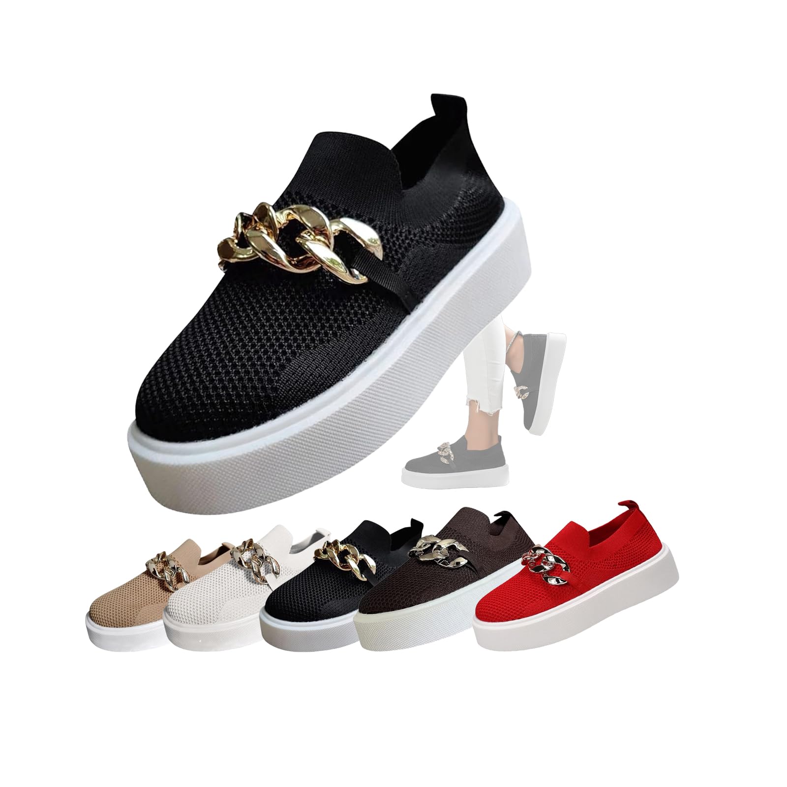 Women's Platform Slip-On Sneakers – Fashion Breathable Mesh Walking Shoes with Metal Chain, Lightweight Wedge Loafers for Nurses, Standing All Day,