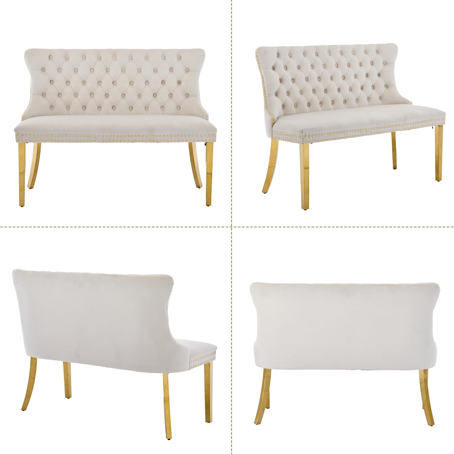 Velvet Upholstered Dining Bench with Back,Luxury Tufted Small Love Seat Settee Sofa Benches,Wingback Banquette Seating Bench with Nailhead Trim Stainless Steel Legs (1, Beige+Gold)
