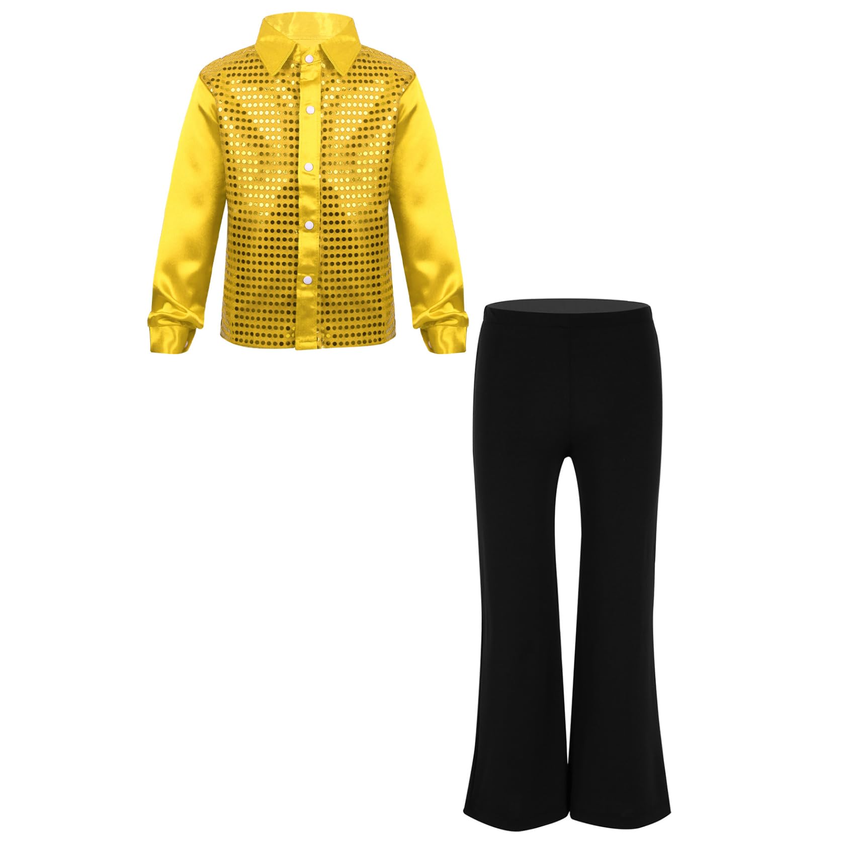 Bambino Ragazzo Vestito Danza Latina Camicia Paillettes Manica Lunga e Pantaloni svasati Costume Danza Jazz Rumba Disco 5-14 Anni