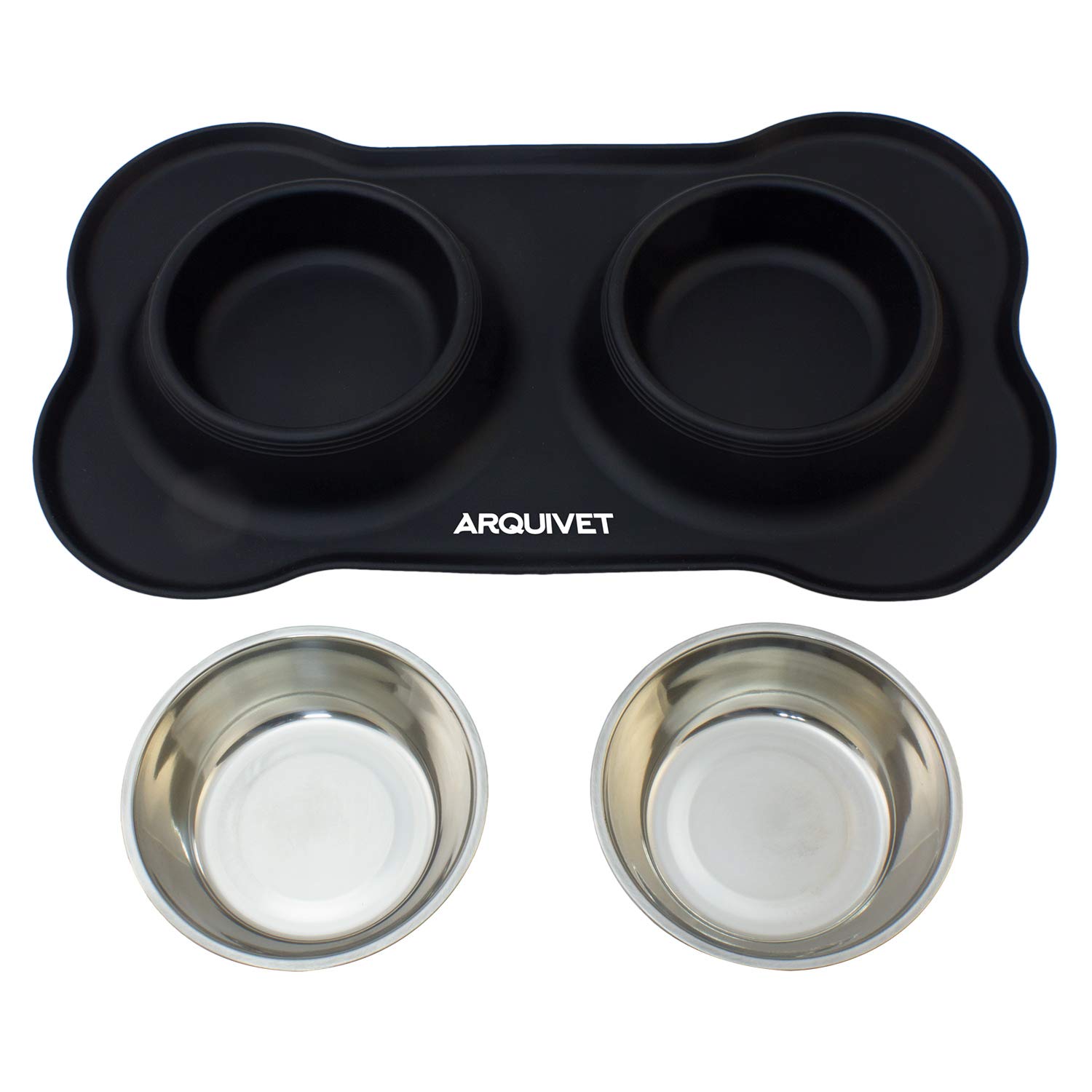 ARQUIVET Doppelter Futternapf und Trinknapf für Hunde und Katzen - Edelstahlschüssel - rutschfeste und kippsichere Silikonbasis - Zubehör für Haustiere - 2 x 400 ml