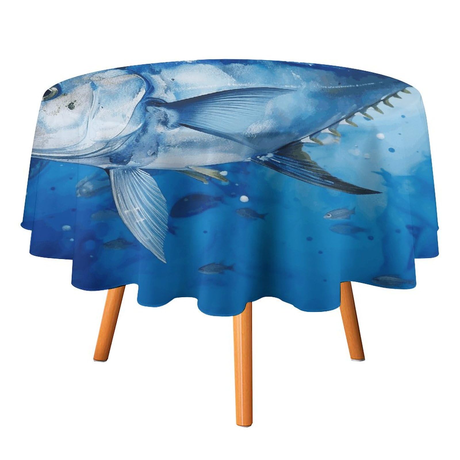 Nappe ronde en polyester bleu imprimé poisson 178x178cm