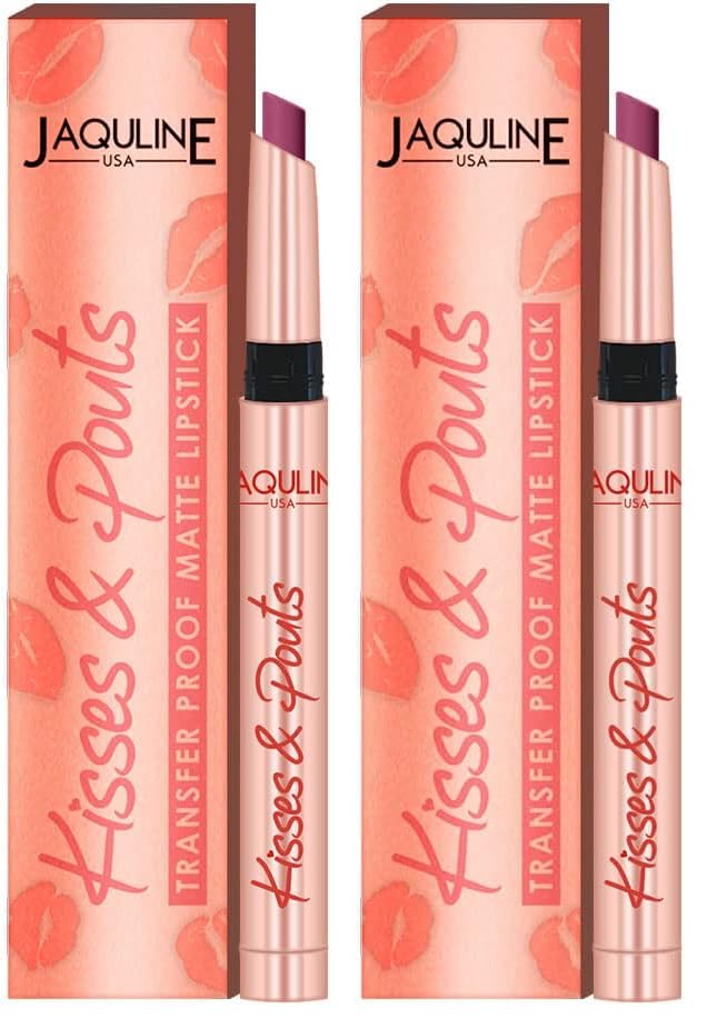 Image of JAQULINE USA Kisses & Pouts Matte Lipstick | Transfer Proof | Smudge Proof | Enriched with Vitamin E | Lightweight | High-Impact Colour | Long Lasting | 1.4g (Love Kiss) (Pack of 2)