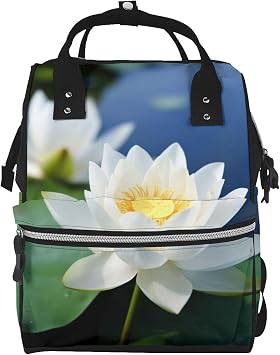 Diaper Bag Backpack White Lotus Flowers Printing Large Capacity Diaper Backpack Large Unisex Diaper Bags Multi-Function Travel Diaper Bag Backpack For Mom,Outdoor,Travel