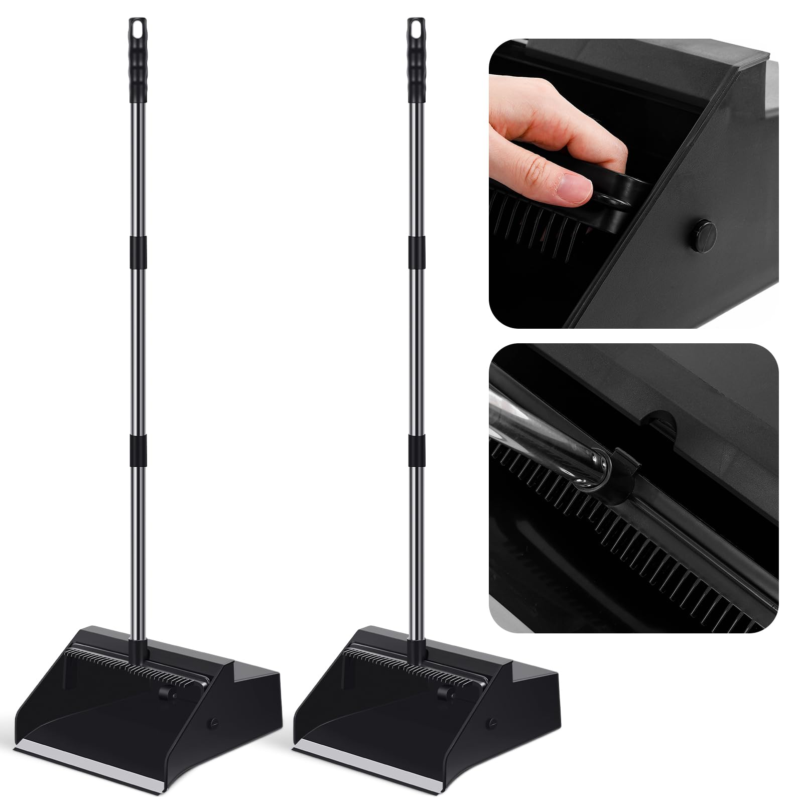 Leumoi 2 Pcs Dust Pans with Long Handle with Comb Stand up Dustpan,Black