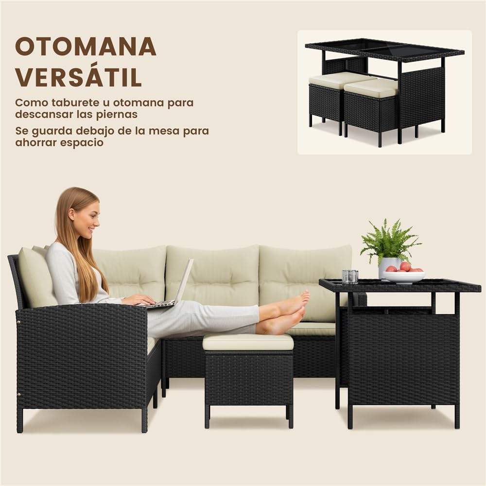 Yaheetech Conjunto de Mueble de Jardín para Patio de 4 Piezas Sofás de Ratán para Exterior con Mesa de Cristal y Otomanas para Balcón Porche Terraza Negro/Beige