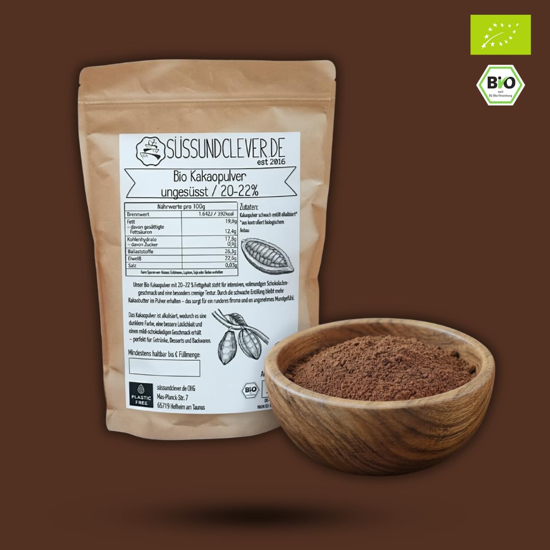 süssundclever.de® Bio Kakao Pulver | 1,0 kg | reines Kakaopulver | ungesüsst | schwach entölt 20-22% Fettanteil | ökologisch-nachhaltig abgepackt