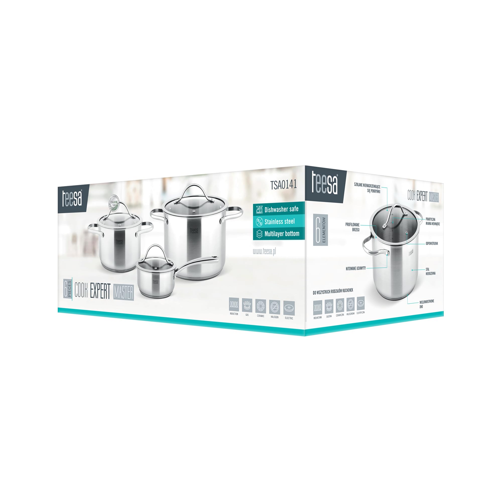 Teesa Set di pentole da 6 pezzi COOK EXPERT MASTER in acciaio inossidabile tipo 18/10 pratico misurino per tutti i tipi di pentole TSA0141