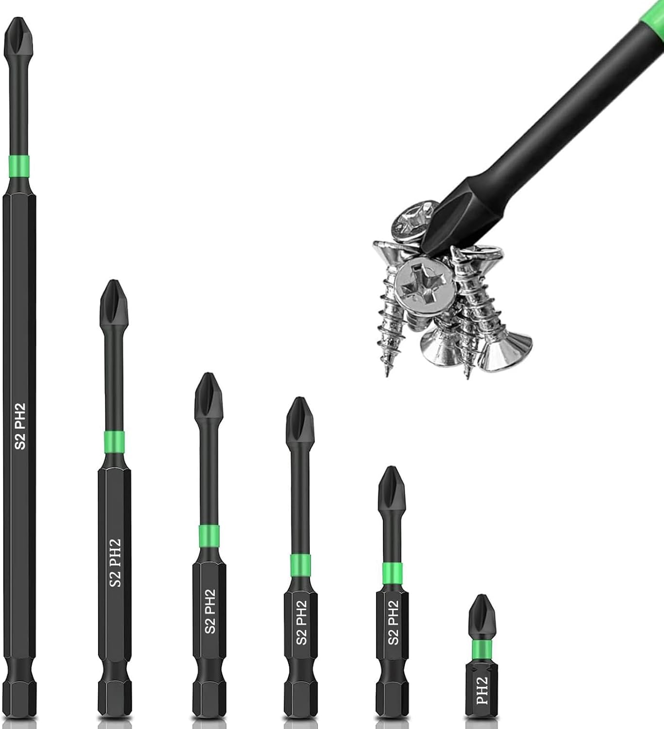 Phillips Bit,Insert S2 Steel,Impact Tough Phillips PH2 Magnetic Anti Slip Screwdriver Bit Set,1/4 Hex Shank Phillips Head Drill Screw Bits, 1 2 2.6 2.8 3.5 6 Inch Long 2 Phillips Bits Set,Bulk