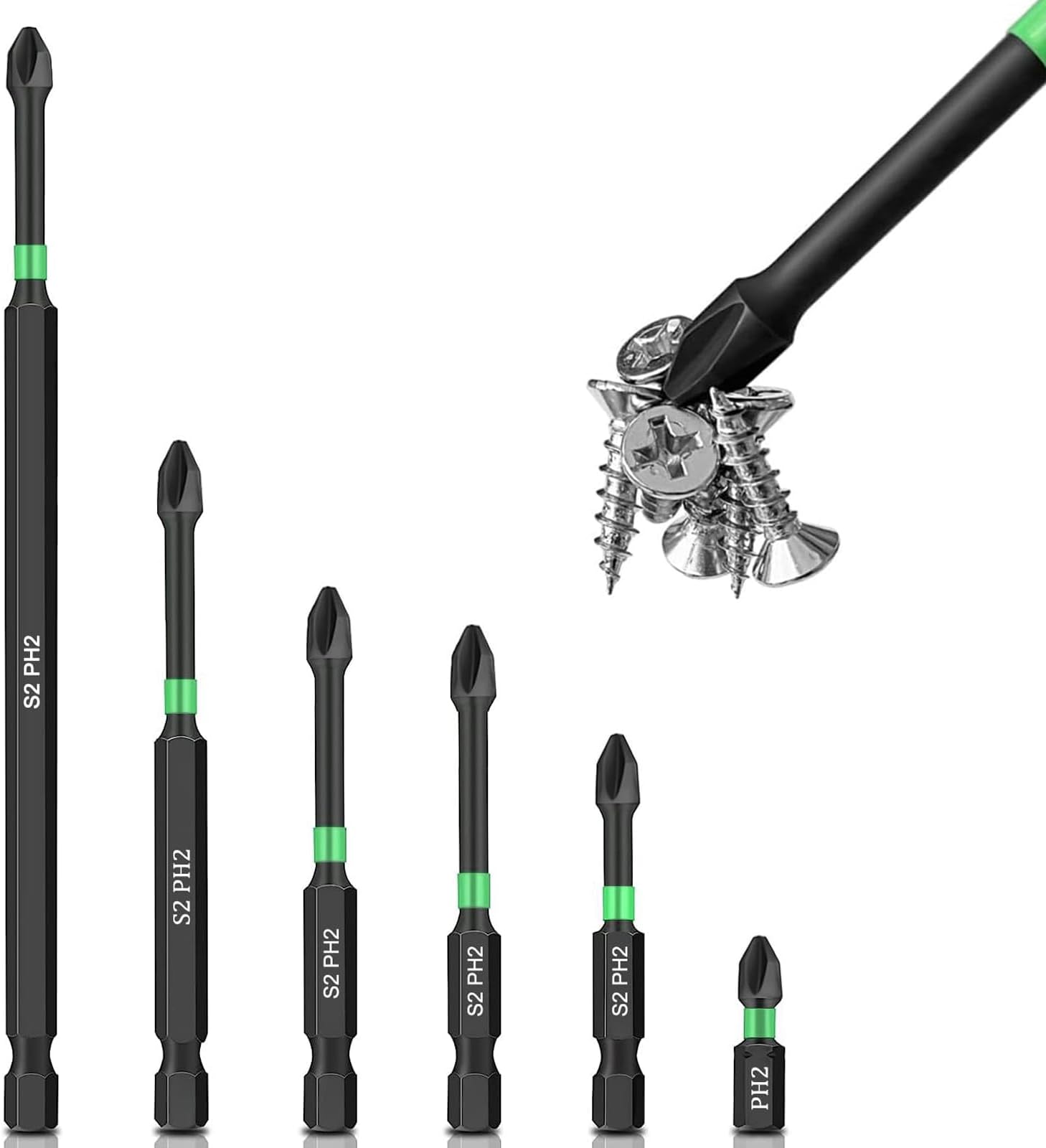 Phillips Bit Set,Impact Tough Phillips PH2 Magnetic Anti Slip Screwdriver Bit Set, Insert S2 Steel,1/4 Hex Shank Phillips Head Drill Screw Bits, 1 2 2.6 2.8 3.5 6 Inch Long 2 Phillips Bits Set,Bulk