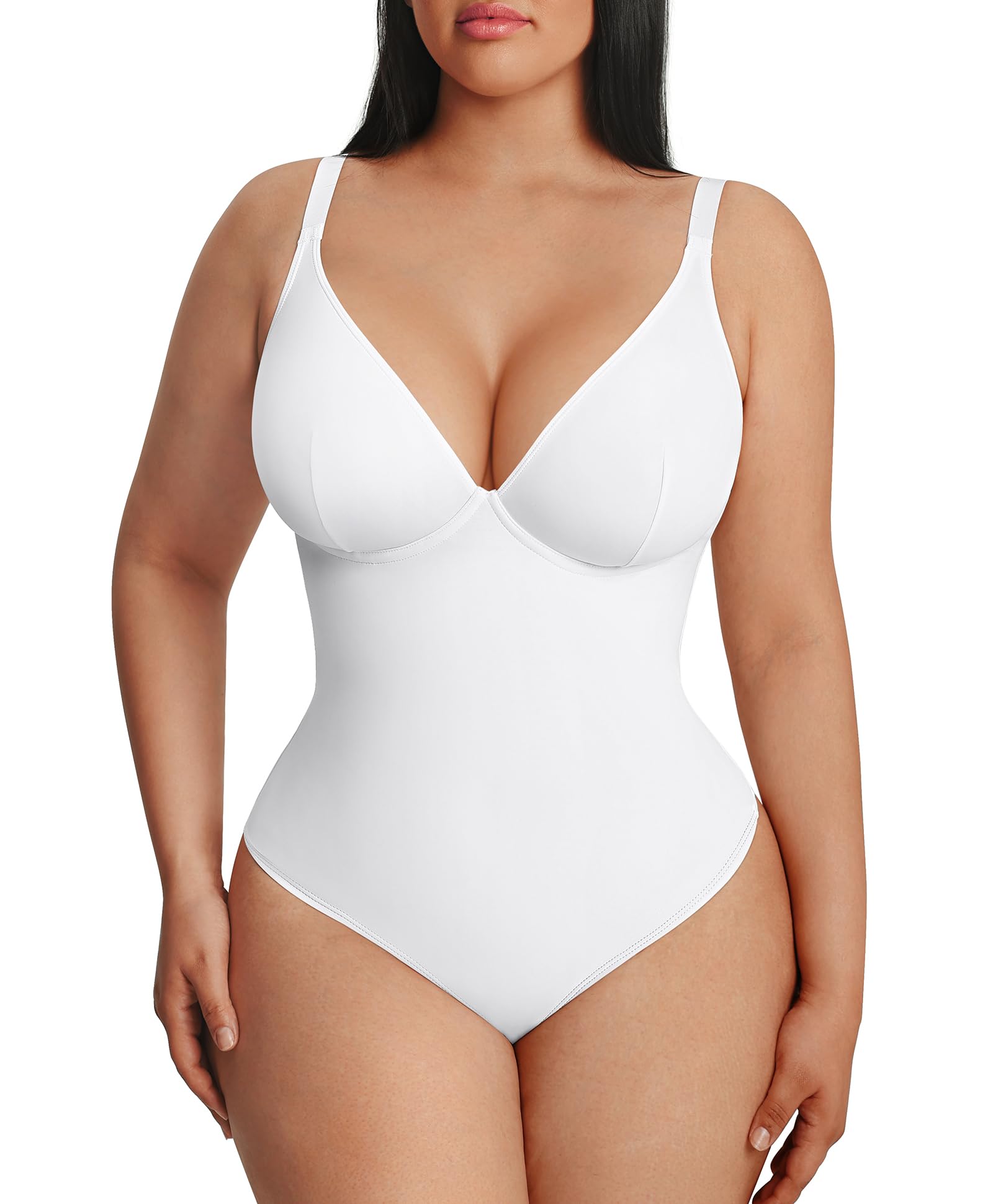 Photo 1 of FeelinGirl White Bodysuit for Women Body Suits Tummy Control Corset Top Thong V Neck Shape wear, XXL