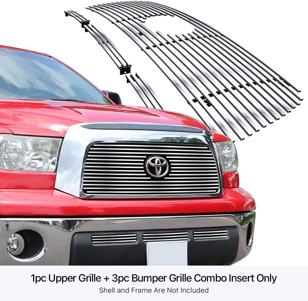 APS Premium 304 Stainless Steel Chrome Horizontal Billet Grille Grill Insert Combo Compatible with Toyota Tundra 2007 2008 2009 with Logo Show Main Upper Lower Bumper N19-S14876T