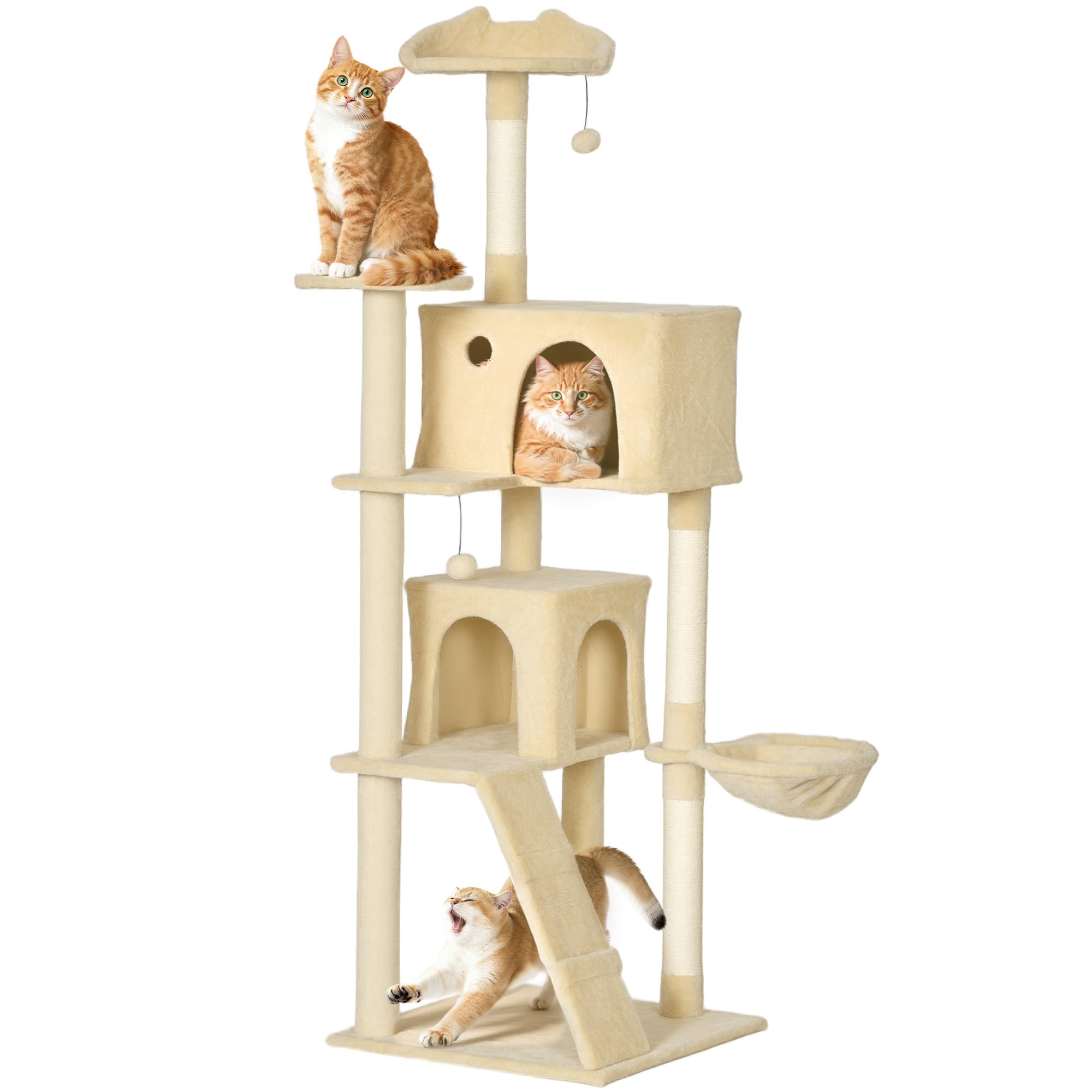 PawHut 180cm Cat Tree for Indoor Cats, Multi-Level Cat Tower with Scratching Posts, Plush Perches & Condos, Large Kitty Activity Centre with Hammock, Ladder & Dangling Balls for Kittens, Beige
