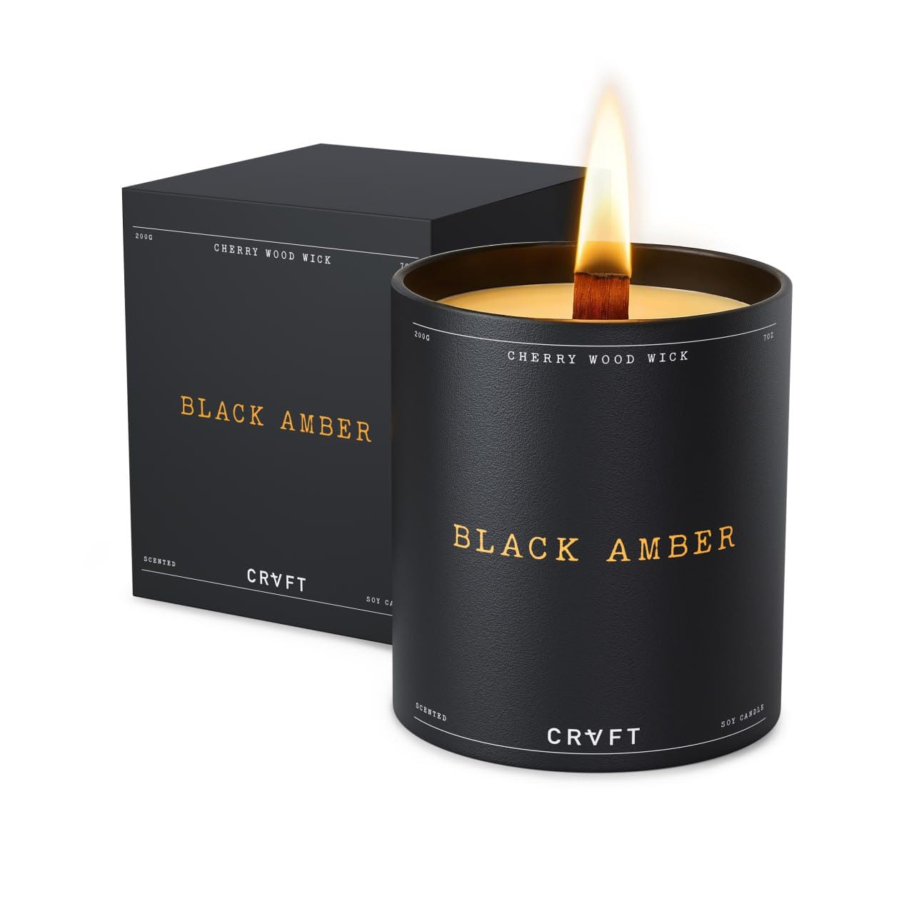 CRVFT Men's Candle - Cherry Wood Candle - Soy Candle 45 Hour Burn Time - Room Decor and Housewarming Gift for Men - 7oz/200g (Black Amber)