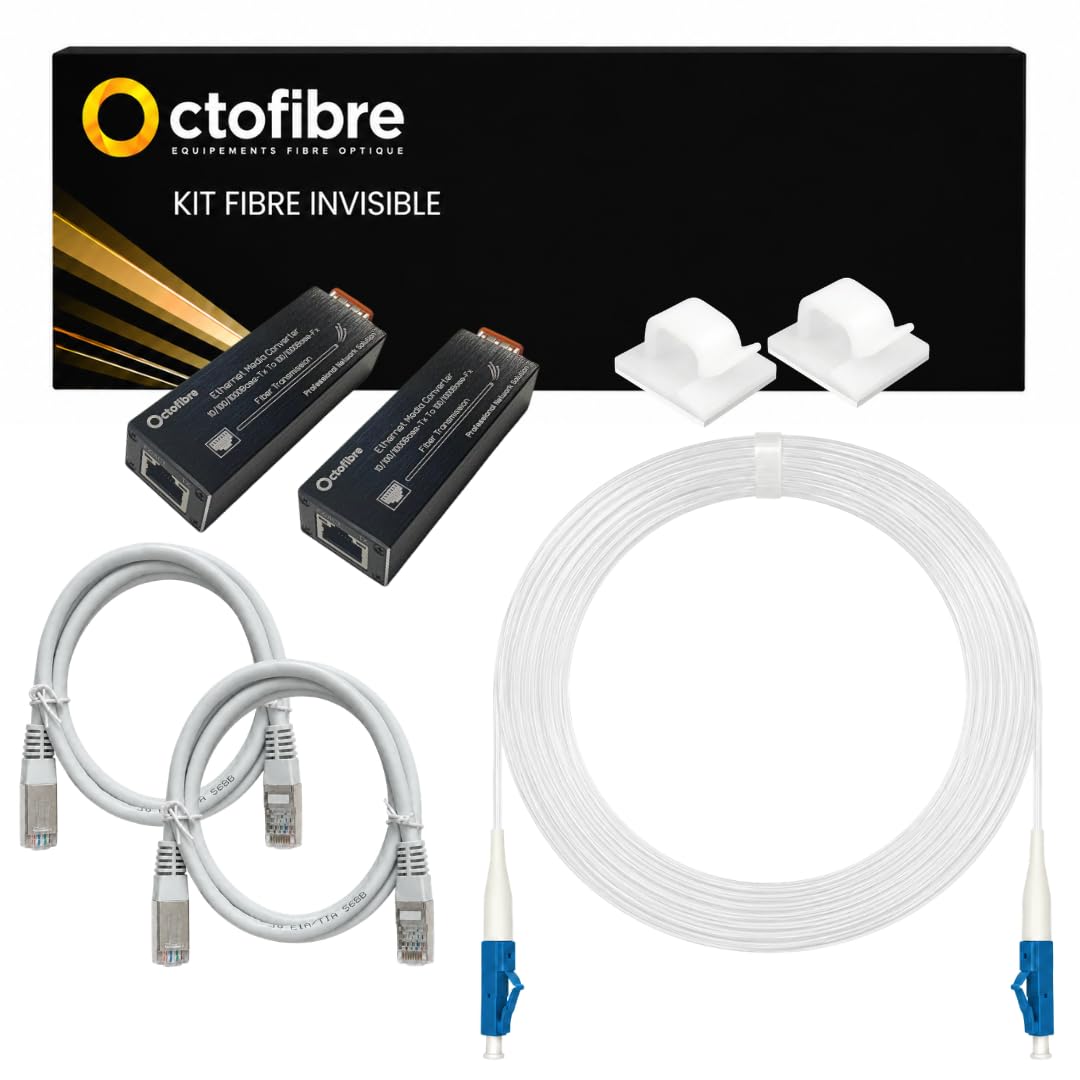 Kit de Liaison Ethernet Invisible – 2 Convertisseurs Médias SFP USB-C + Câble fibre invisible 40M LC/UPC + 2 Câbles RJ45 + 40 clips adhésifs – Liaison 1Gbps Sans Perçage – Plug & Play