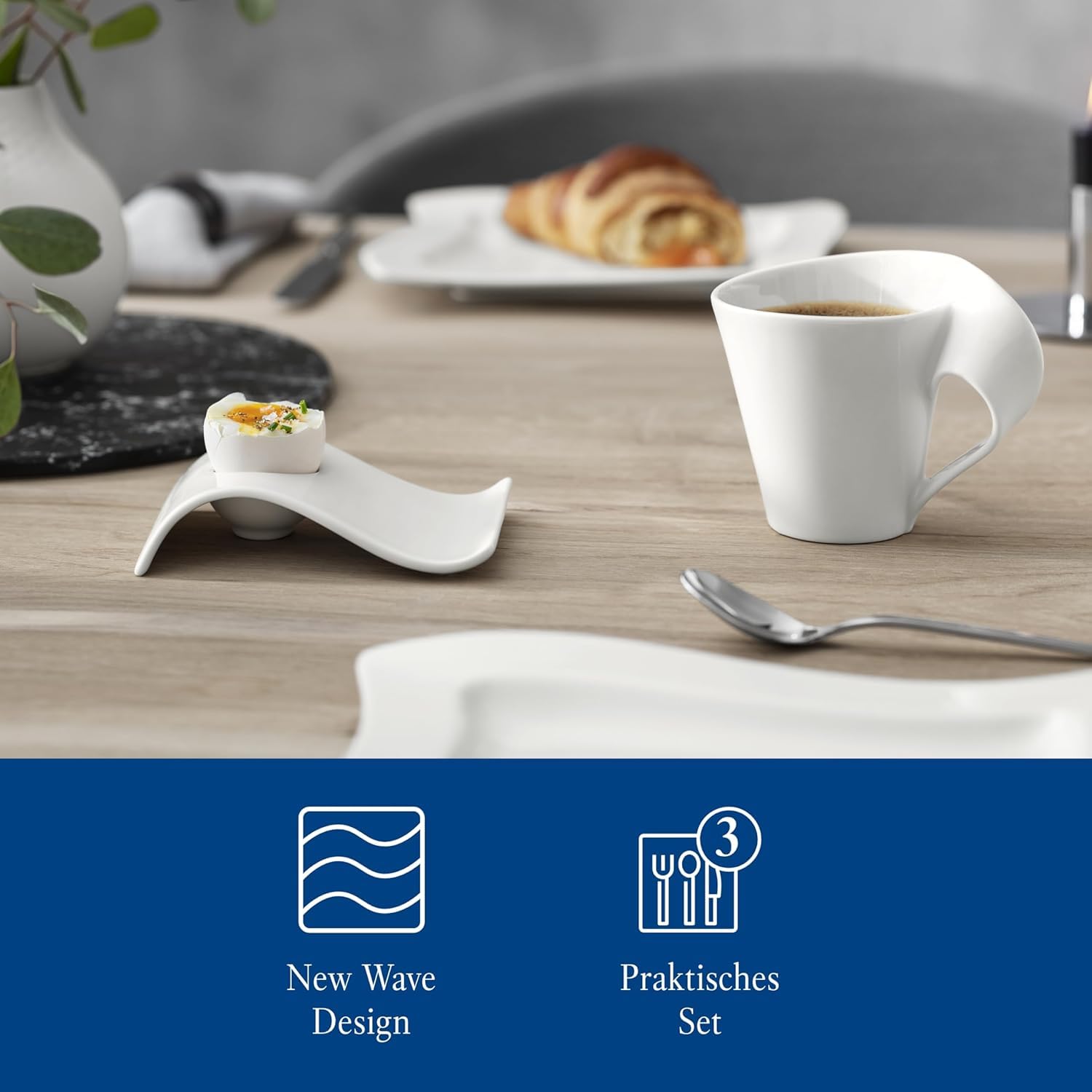 Villeroy & Boch - Newwave Caffè Cappuccino Tassen Set, Spülmaschinenfest, Mikrowellensicher, Cappuccinotassen, Kaffee Geschirr Set, Tasse, Untertasse, Löffel, Premium Porzellan, Edelstahl