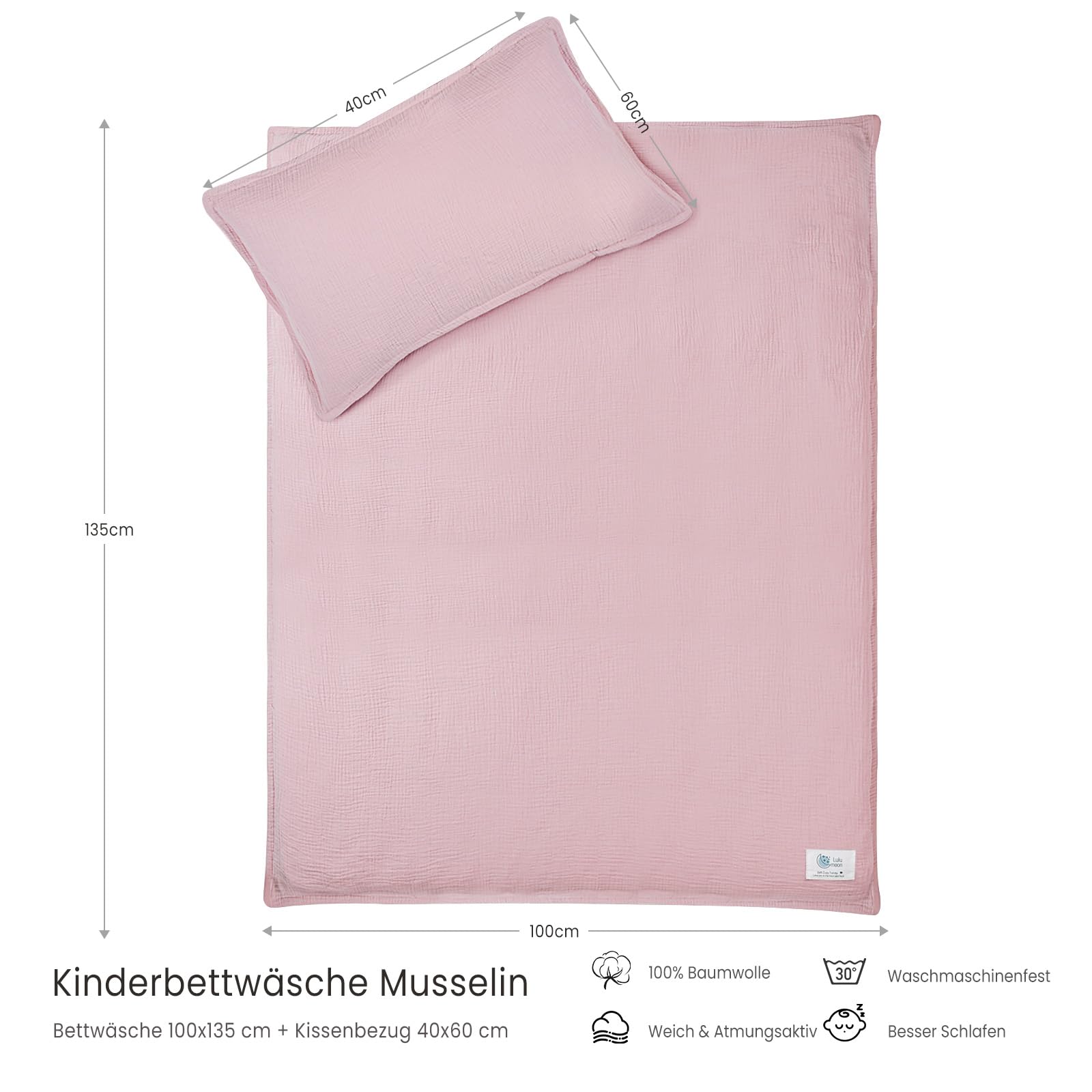 lulumoon Juego de Ropa de Cama Infantil de Muselina de 100 x 135 cm, Funda nórdica de 100 x 135 cm y Funda de Almohada de 40 x 60 cm, de algodón, Ligera y cómoda, Color Gris y Verde, 100 x 135 + 40 x