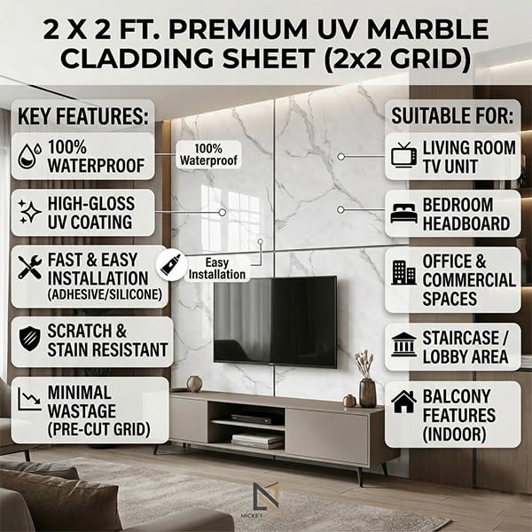 Image of White Grey Vein Marble UV Self Adhesive Wall Panels, 60 x 60 cm, Pack of 16
