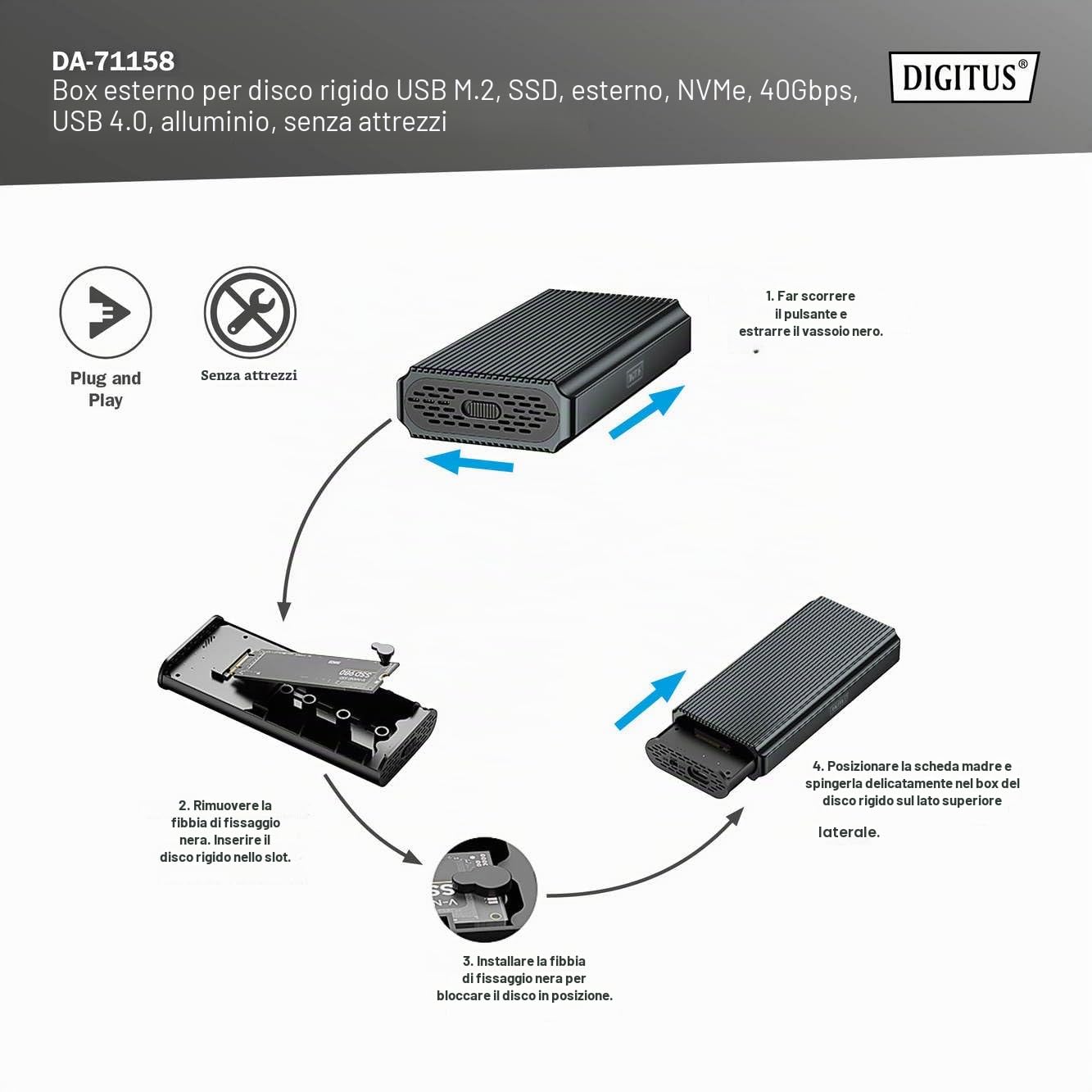 Custodia Per Disco Rigido Digitus Usb M.2, Ssd, Esterna, Nvme, 40 Gbps, Usb 4.0, Alluminio, Senza Attrezzi