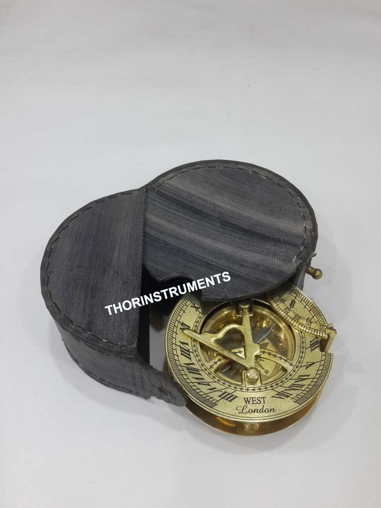 Brass Sundial Compass with Leather Case and Chain - Push Open Compass - Steampunk Accessory - Pocket Sundial Compass