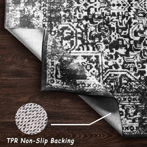vivorug 8x10 Area Rugs, Stain Resistant Washable Rug for Living Room, Vintage-Inspired Black and White Rug