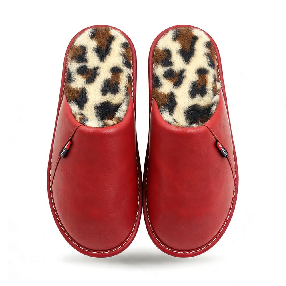 PXPUIQ Women’s Closed Toe House Slippers, Leopard Print Faux Fur Lined, Water-Resistant Upper Indoor Outdoor Slip-On Shoes