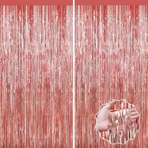 Image of Rose Gold Tinsel Backdrop Birthday Decorations, 2Pack Foil Curtains Metallic Photo Backdrop Foil Fringe Curtains, Party Streamers Supplies for Wedding Xmas Graduation Bachelorette Disco Door Decors
