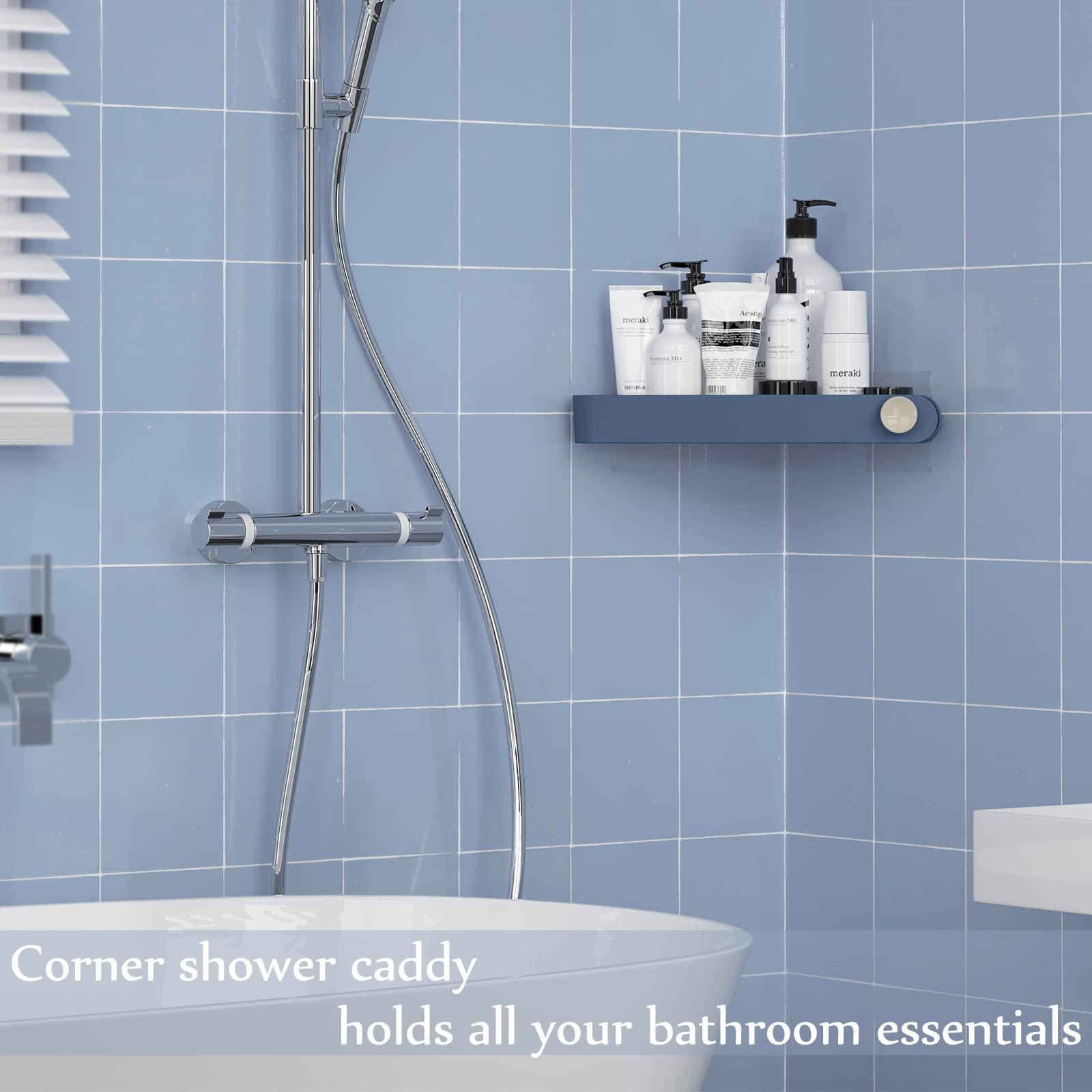 Mensola Angolare Doccia Mensole Bagno - Non Necessita di Trapano, Rimovibile - Può Contenere Sapone, Shampoo e Detergente Per il Viso - Mensole Bagno Autoadesiva con 6 adesivi, Blu Navy