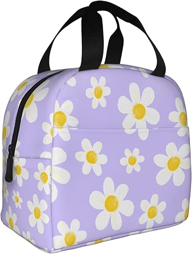 Miniatura 2 de Bolsa de almuerzo con diseño de margaritas blancas, color morado, aislante, reutilizable, contenedor portátil para comidas, para mujeres, cajas de