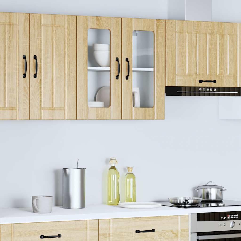 Lucca - Armadietto da cucina sospeso con anta in vetro, rovere Sonoma, 60 x 31 x 60 cm, montaggio a parete, armadio multiuso con spazio per stoviglie, pentole, microonde, organizer per cucina