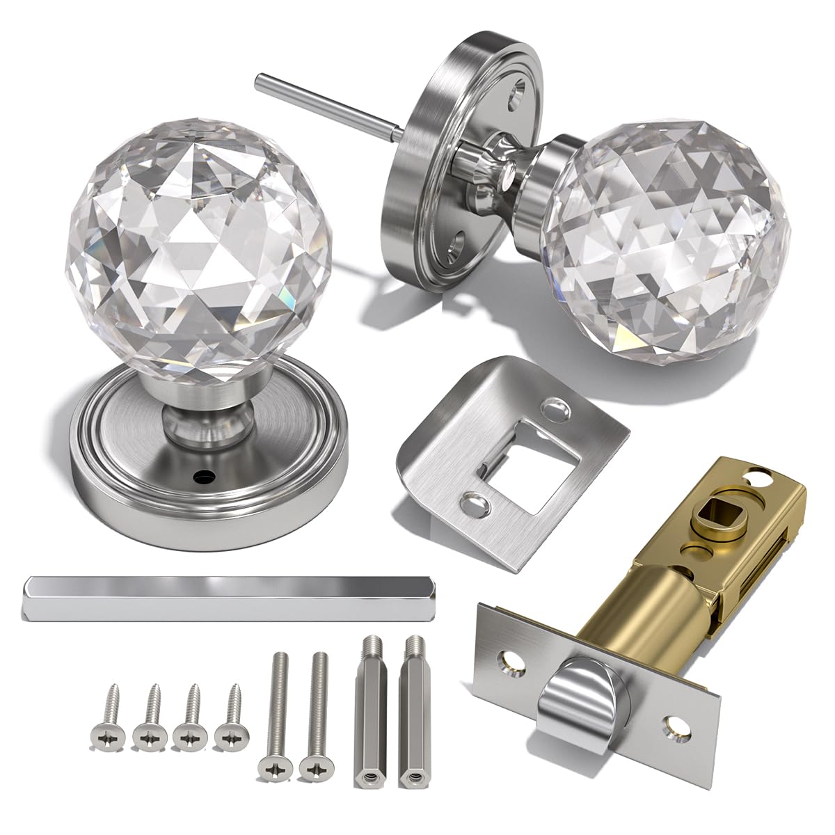 Bwintech 1 Paar Massivkristall-Türgriffe aus gebürstetem Nickel, 65mm Palace Style-Kristall-Türgriffe für den Innenbereich mit Verriegelung und DIY-Schraubensatz für Badezimmer, Schlafzimmer, Flur