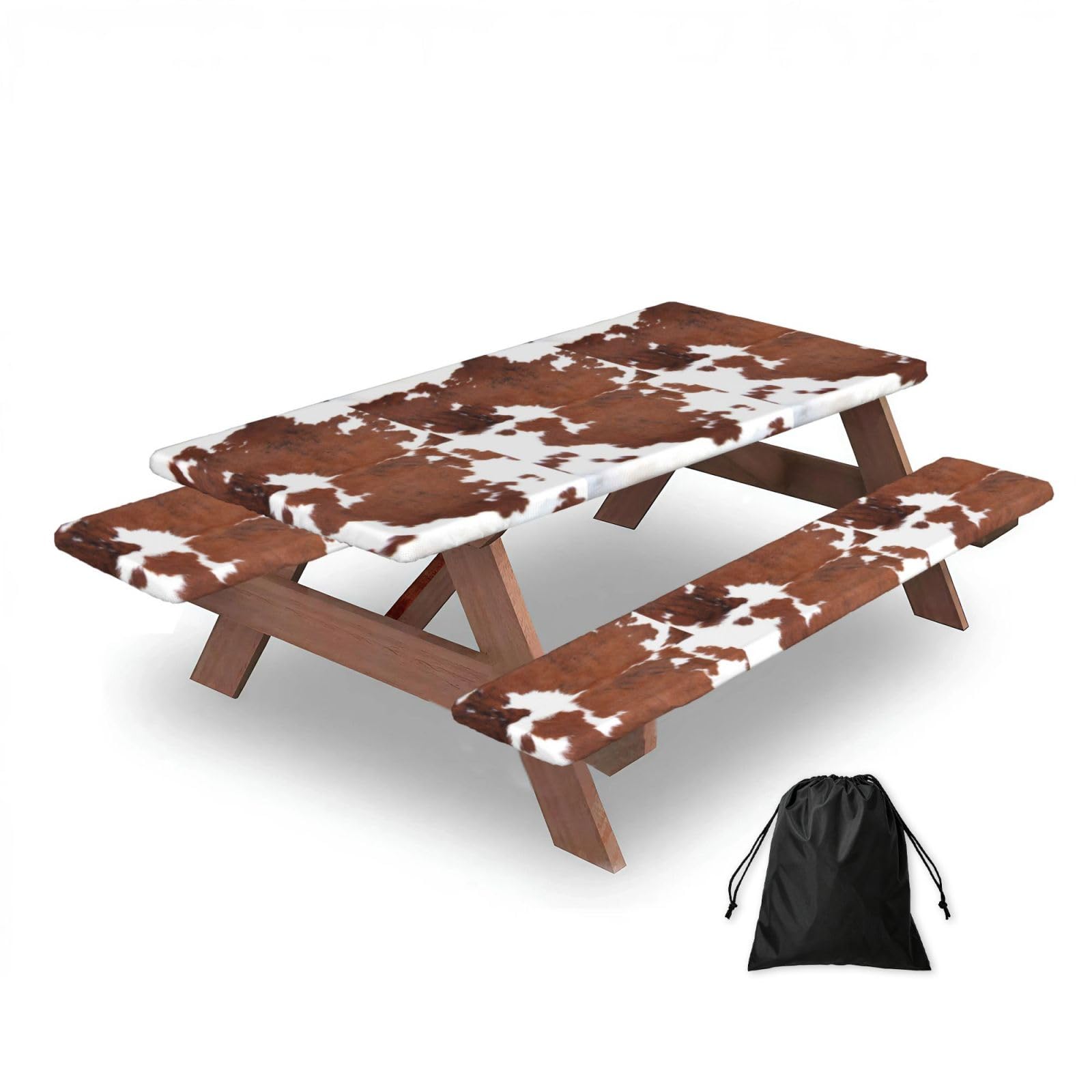 Animal Brown Cowhide Print Cow, Picnic Table Cover With Bench Covers -Waterproof Elastic Fitted Tablecloth for Garden Camping Patio 76x152cm