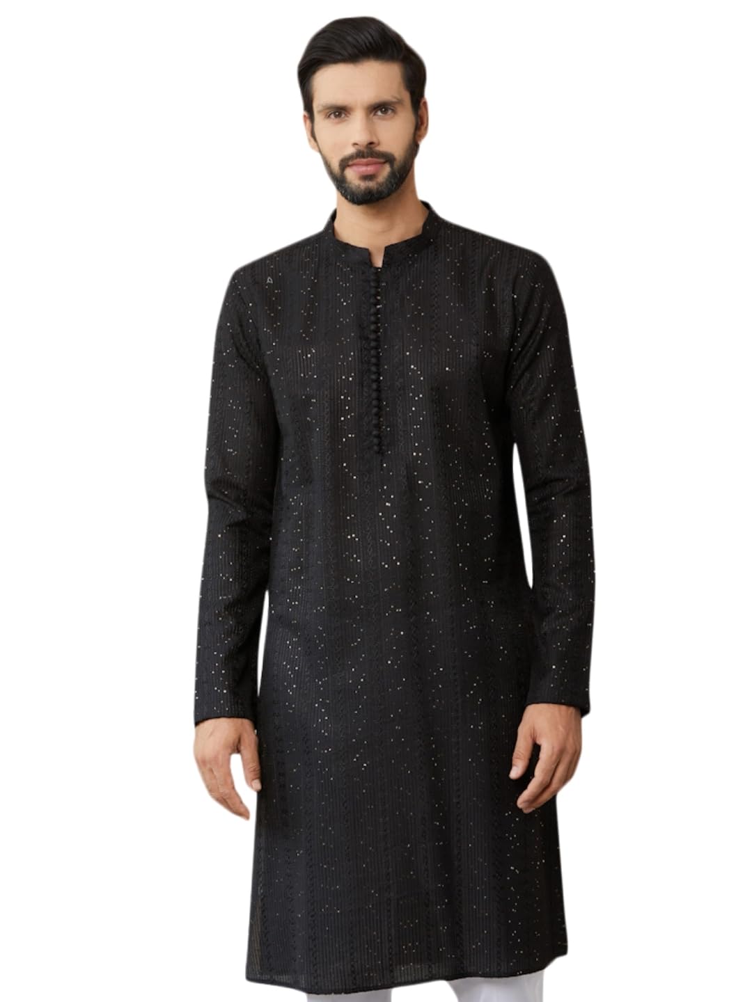 see designs Men's Long Sleeve Mandarin Collar Side Slit Embroidered Thread Work Sequinned Chanderi Silk Straight Kurta-picture-27