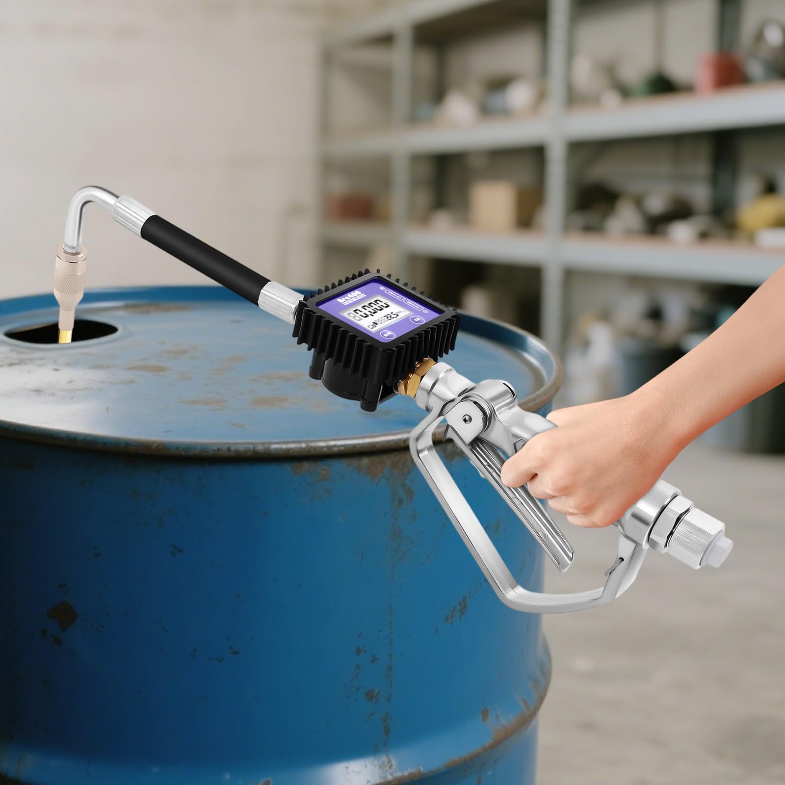 Pistola de medición de aceite electrónica, pistola neumática con articulación giratoria, presión de trabajo de 45 bares, pantalla digital, contador de aceite, válvula digital de control de aceite