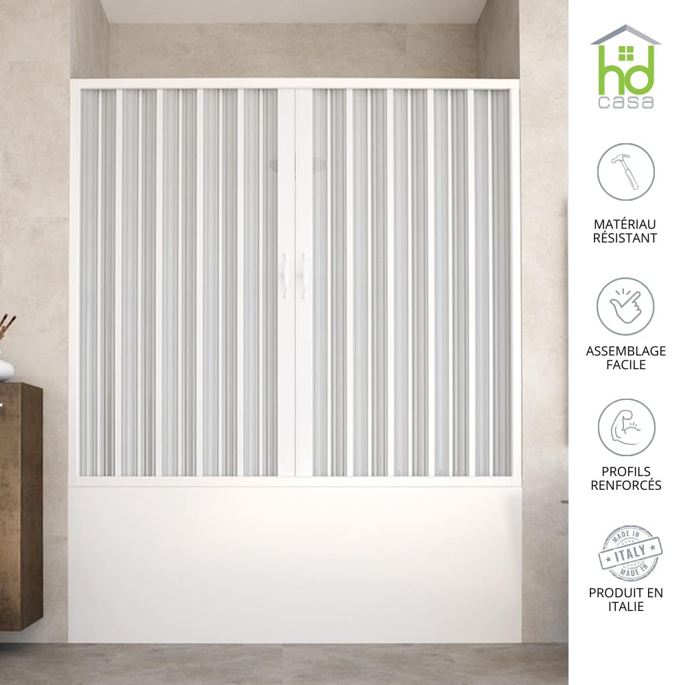 HDcasa Box Sobre Bañera Plegable Modelo Alba, Apertura Central Reversible, Paneles de PVC Recortables, Cabina de Ducha Ahorra Espacio Hecha en Italia, Mampara de Bañera, Mueble de Baño 170 cm