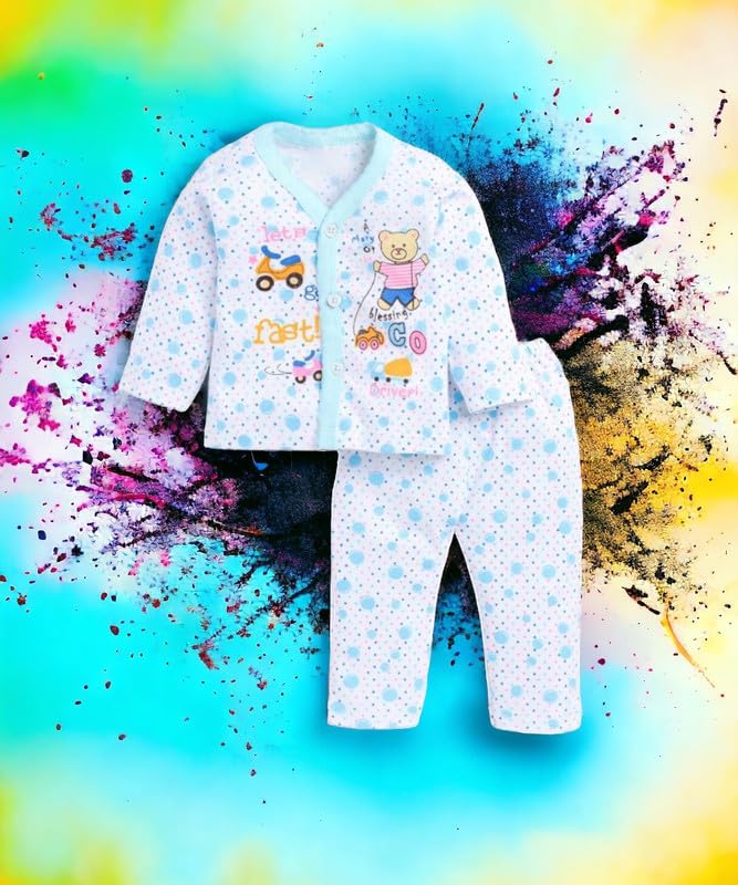 Image of Baby's 100% Cotton Shirt & Pyjama Pant Set | Full Sleeves Newborn, Infant & Toddler Dress | Ultra-Soft & Breathable Baby Night Suit | Set of 3