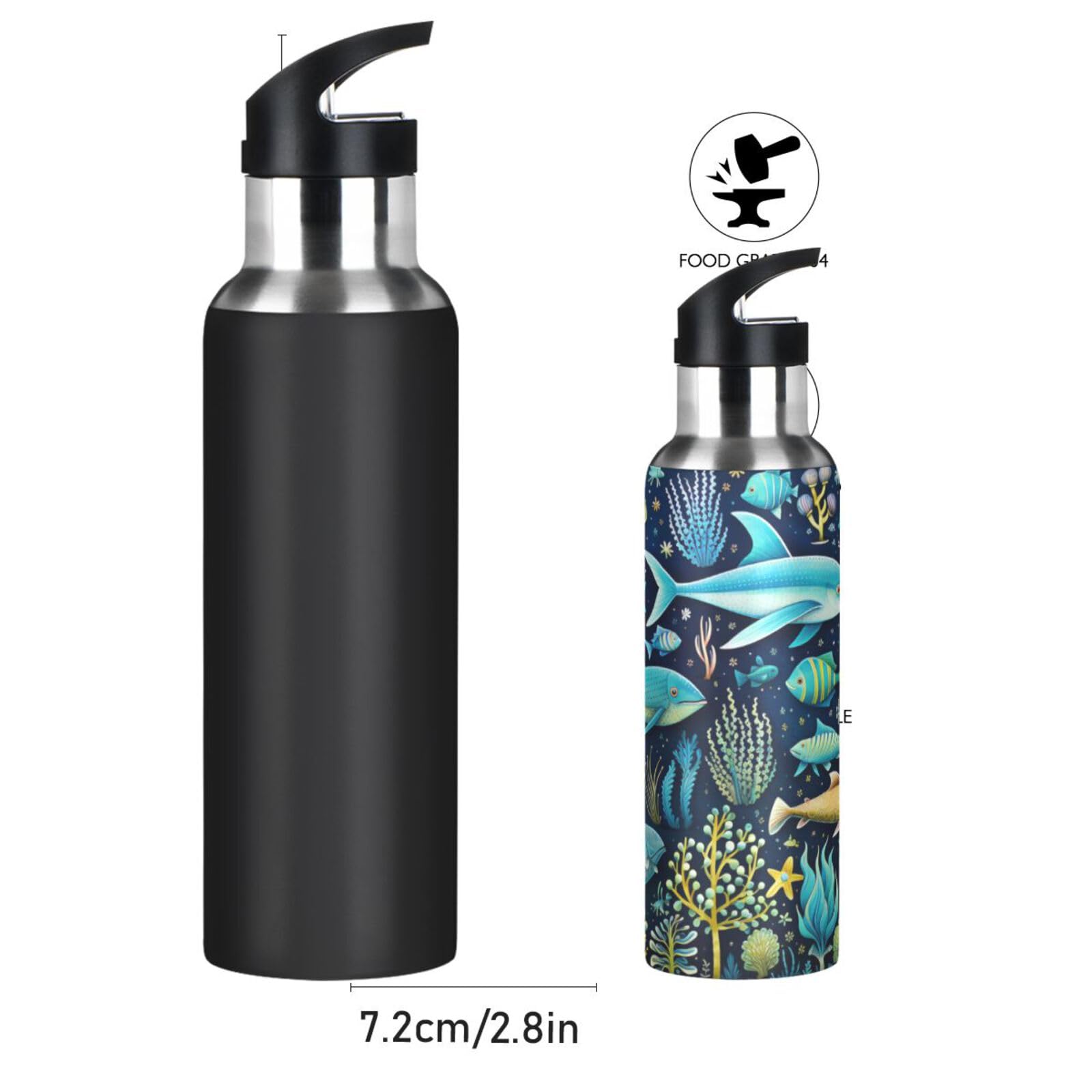 Gourde Isotherme Enfant 600ml Cheval D'eau Bleu - Acier Inoxydable, Paille - Garde Froid 24h, Chaud 12h