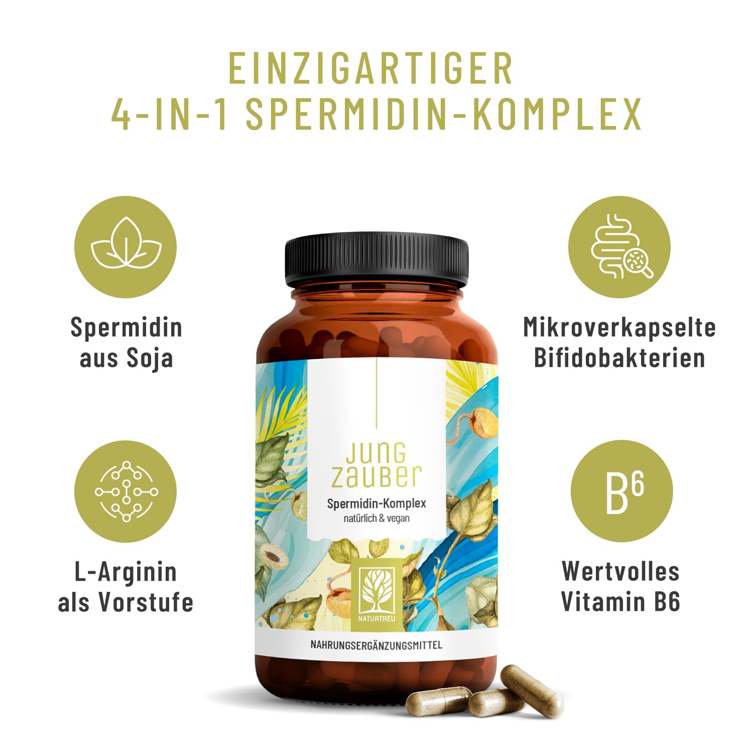 NATURTREU® Spermidin Kapseln hochdosiert mit hochwertigen Spermidin, L-Arginin, Bifidobakterien & Vitamin B6 - vegan - 120 magensaftresistente Kapseln - in Deutschland produziert & laborgeprüft