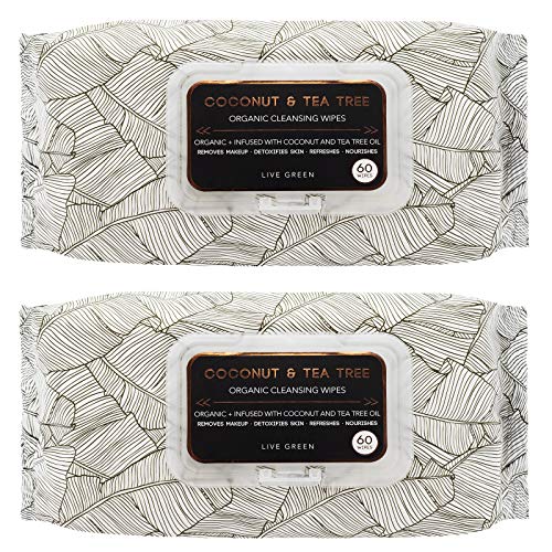 Live Green - 2 Pack (60 Count Each) Coconut and Tea Tree Oil Cleansing Wipes